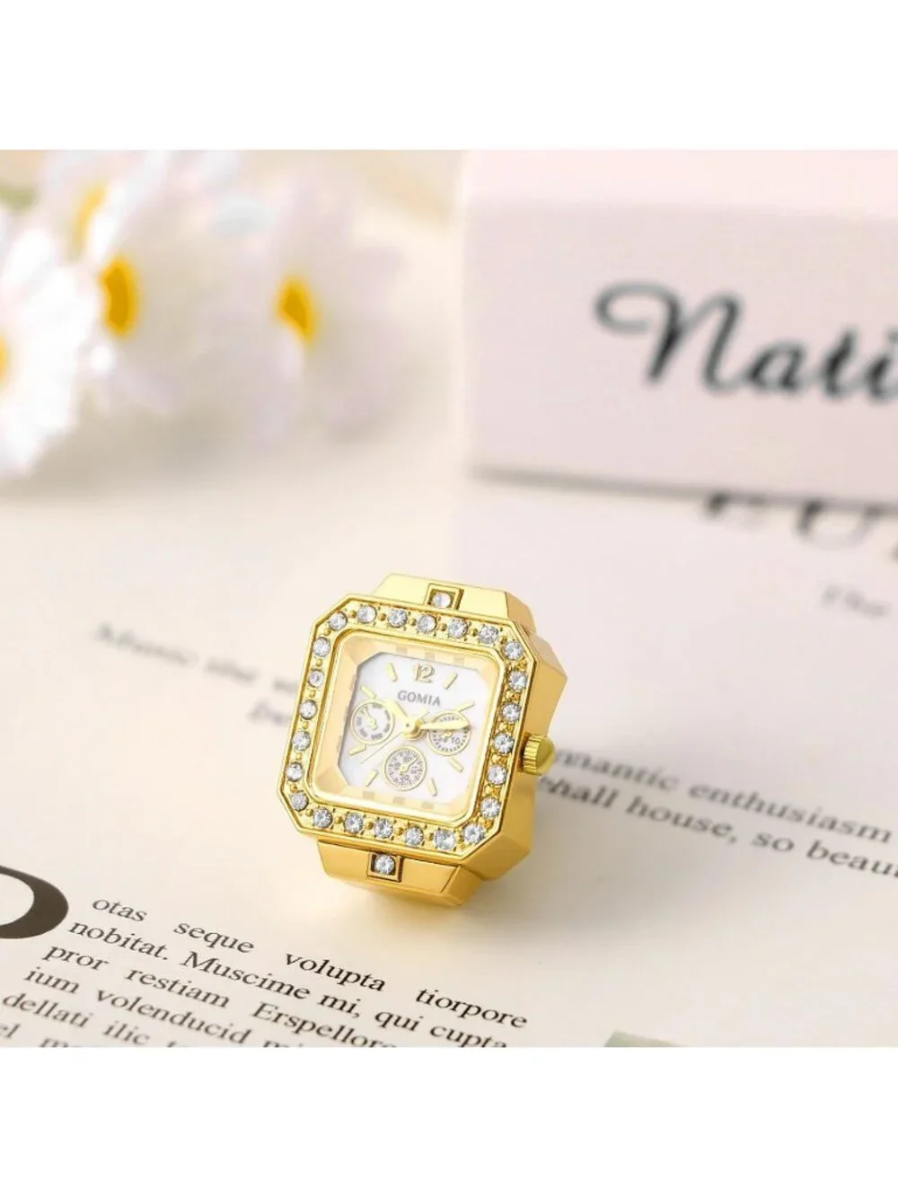 Unisex Gold Quartz Bling Stainless Steel Elastic Band Square Finger Ring Watch